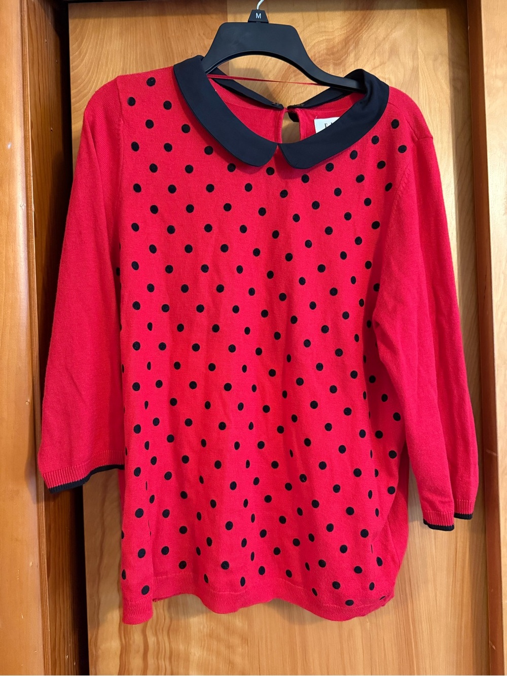 Elle Red Long Sleeve Polka Dot Sweater with Black Peter Pan Collar